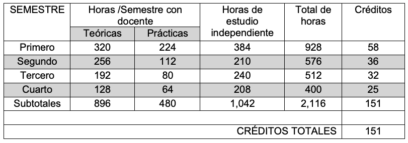 Cponcentración de Horas y Créditos por Semestre